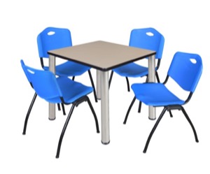 Kee 30" Square Breakroom Table - Beige/ Chrome & 4 'M' Stack Chairs - Blue
