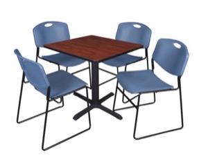 Cain 30" Square Breakroom Table - Cherry & 4 Zeng Stack Chairs - Blue