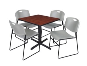 Cain 30" Square Breakroom Table - Cherry & 4 Zeng Stack Chairs - Grey