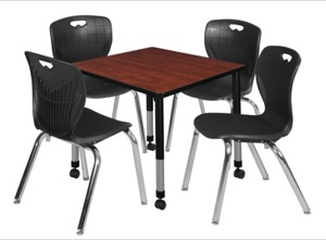 Kee 30" Square Height Adjustable  Mobile Classroom Table  - Cherry & 4 Andy 18-in Stack Chairs - Black