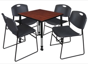 Kee 30" Square Height Adjustable  Mobile Classroom Table  - Cherry & 4 Zeng Stack Chairs - Black 