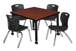 Kee 30" Square Height Adjustable  Mobile Classroom Table  - Cherry & 4 Andy 12-in Stack Chairs - Black