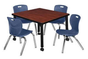 Kee 30" Square Height Adjustable  Mobile Classroom Table  - Cherry & 4 Andy 12-in Stack Chairs - Navy Blue