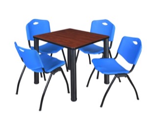 Kee 30" Square Breakroom Table - Cherry/ Black & 4 'M' Stack Chairs - Blue