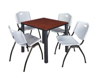 Kee 30" Square Breakroom Table - Cherry/ Black & 4 'M' Stack Chairs - Grey