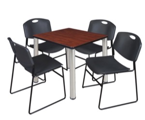 Kee 30" Square Breakroom Table - Cherry/ Chrome & 4 Zeng Stack Chairs - Black