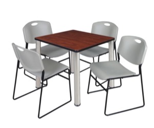 Kee 30" Square Breakroom Table - Cherry/ Chrome & 4 Zeng Stack Chairs - Grey