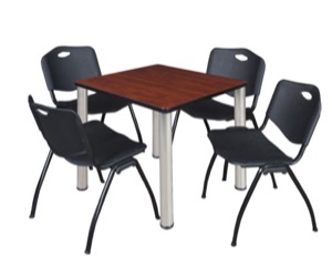 Kee 30" Square Breakroom Table - Cherry/ Chrome & 4 'M' Stack Chairs - Black