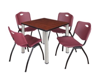 Kee 30" Square Breakroom Table - Cherry/ Chrome & 4 'M' Stack Chairs - Burgundy