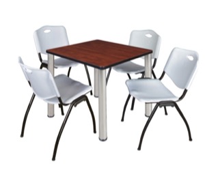 Kee 30" Square Breakroom Table - Cherry/ Chrome & 4 'M' Stack Chairs - Grey