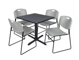 Cain 30" Square Breakroom Table - Grey & 4 Zeng Stack Chairs - Grey