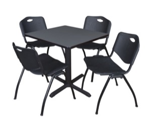 Cain 30" Square Breakroom Table - Grey & 4 'M' Stack Chairs - Black