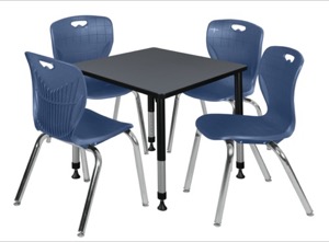 Kee 30" Square Height Adjustable Classroom Table  - Grey & 4 Andy 18-in Stack Chairs - Navy Blue