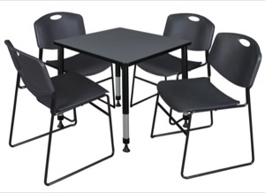 Kee 30" Square Height Adjustable Classroom Table  - Grey & 4 Zeng Stack Chairs - Black