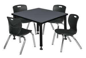 Kee 30" Square Height Adjustable Classroom Table  - Grey & 4 Andy 12-in Stack Chairs - Black