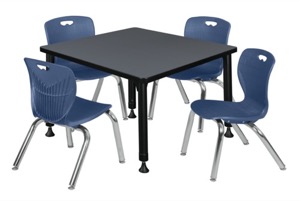 Kee 30" Square Height Adjustable Classroom Table  - Grey & 4 Andy 12-in Stack Chairs - Navy Blue