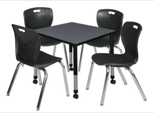Kee 30" Square Height Adjustable Mobile Classroom Table  - Grey &  4 Andy 18-in Stack Chairs - Black