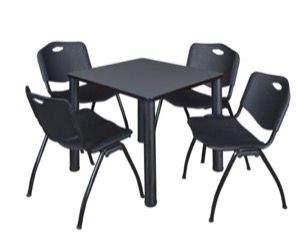 Kee 30" Square Breakroom Table - Grey/ Black & 4 'M' Stack Chairs - Black