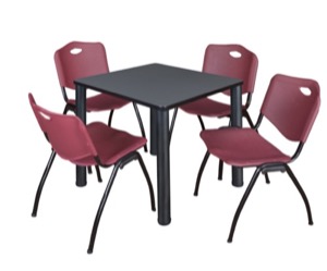 Kee 30" Square Breakroom Table - Grey/ Black & 4 'M' Stack Chairs - Burgundy