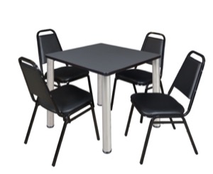 Kee 30" Square Breakroom Table - Grey/ Chrome & 4 Restaurant Stack Chairs - Black