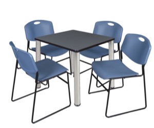 Kee 30" Square Breakroom Table - Grey/ Chrome & 4 Zeng Stack Chairs - Blue