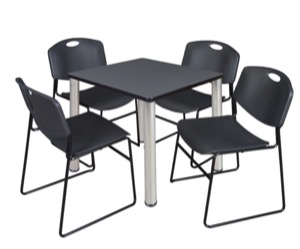 Kee 30" Square Breakroom Table - Grey/ Chrome & 4 Zeng Stack Chairs - Black