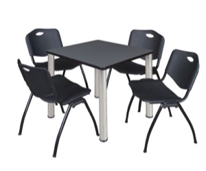 Kee 30" Square Breakroom Table - Grey/ Chrome & 4 'M' Stack Chairs - Black