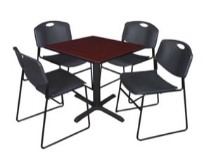 Cain 30" Square Breakroom Table - Mahogany & 4 Zeng Stack Chairs - Black