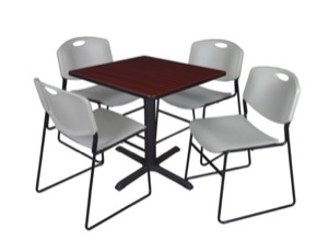 Cain 30" Square Breakroom Table - Mahogany & 4 Zeng Stack Chairs - Grey