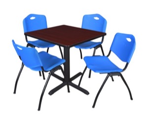 Cain 30" Square Breakroom Table - Mahogany & 4 'M' Stack Chairs - Blue