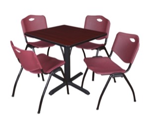 Cain 30" Square Breakroom Table - Mahogany & 4 'M' Stack Chairs - Burgundy