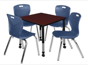 Kee 30" Square Height Adjustable Moblie Classroom Table  - Mahogany & 4 Andy 18-in Stack Chairs - Navy Blue
