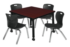Kee 30" Square Height Adjustable Moblie Classroom Table  - Mahogany & 4 Andy 12-in Stack Chairs - Black