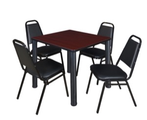 Kee 30" Square Breakroom Table - Mahogany/ Black & 4 Restaurant Stack Chairs - Black