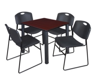 Kee 30" Square Breakroom Table - Mahogany/ Black & 4 Zeng Stack Chairs - Black