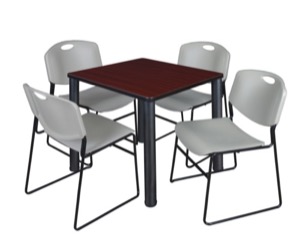 Kee 30" Square Breakroom Table - Mahogany/ Black & 4 Zeng Stack Chairs - Grey