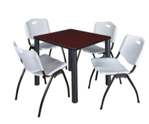 Kee 30" Square Breakroom Table - Mahogany/ Black & 4 'M' Stack Chairs - Grey