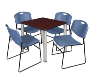 Kee 30" Square Breakroom Table - Mahogany/ Chrome & 4 Zeng Stack Chairs - Blue