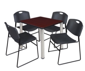 Kee 30" Square Breakroom Table - Mahogany/ Chrome & 4 Zeng Stack Chairs - Black