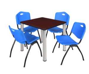 Kee 30" Square Breakroom Table - Mahogany/ Chrome & 4 'M' Stack Chairs - Blue