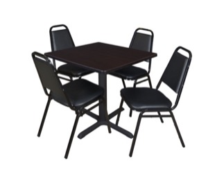 Cain 30" Square Breakroom Table - Mocha Walnut & 4 Restaurant Stack Chairs - Black