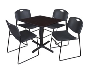 Cain 30" Square Breakroom Table - Mocha Walnut & 4 Zeng Stack Chairs - Black
