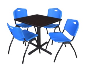 Cain 30" Square Breakroom Table - Mocha Walnut & 4 'M' Stack Chairs - Blue