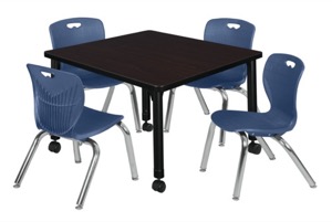 Kee 30" Square Height Adjustable Mobile Classroom Table  - Mocha Walnut & 4 Andy 12-in Stack Chairs - Navy Blue