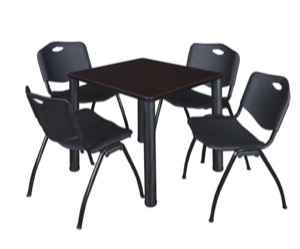 Kee 30" Square Breakroom Table - Mocha Walnut/ Black & 4 'M' Stack Chairs - Black