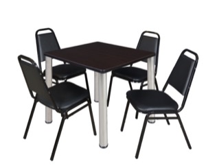 Kee 30" Square Breakroom Table - Mocha Walnut/ Chrome & 4 Restaurant Stack Chairs - Black
