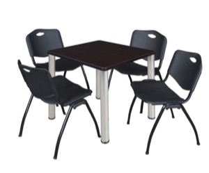 Kee 30" Square Breakroom Table - Mocha Walnut/ Chrome & 4 'M' Stack Chairs - Black