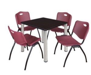 Kee 30" Square Breakroom Table - Mocha Walnut/ Chrome & 4 'M' Stack Chairs - Burgundy