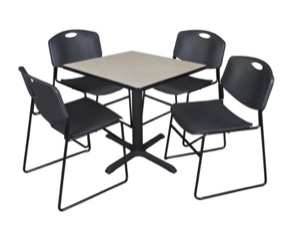 Cain 30" Square Breakroom Table - Maple & 4 Zeng Stack Chairs - Black