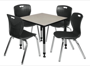 Kee 30" Square Height Adjustable Classroom Table  - Maple & 4 Andy 18-in Stack Chairs - Black
